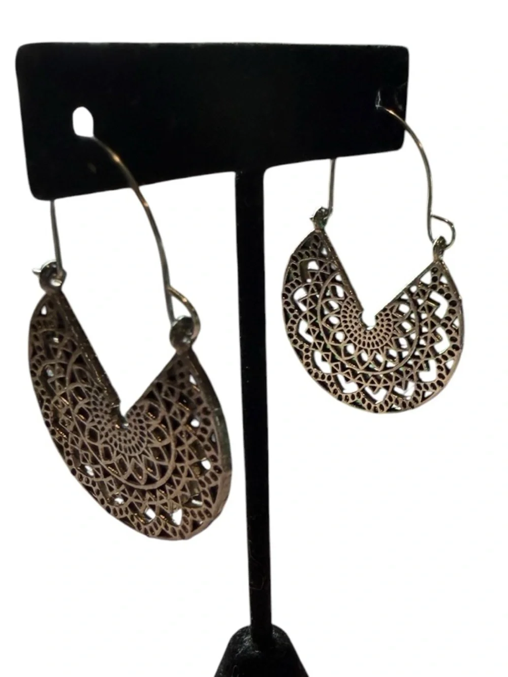 NWT Silver Boho Filigree Mandala Fan Drop Earrings Geometric Statement